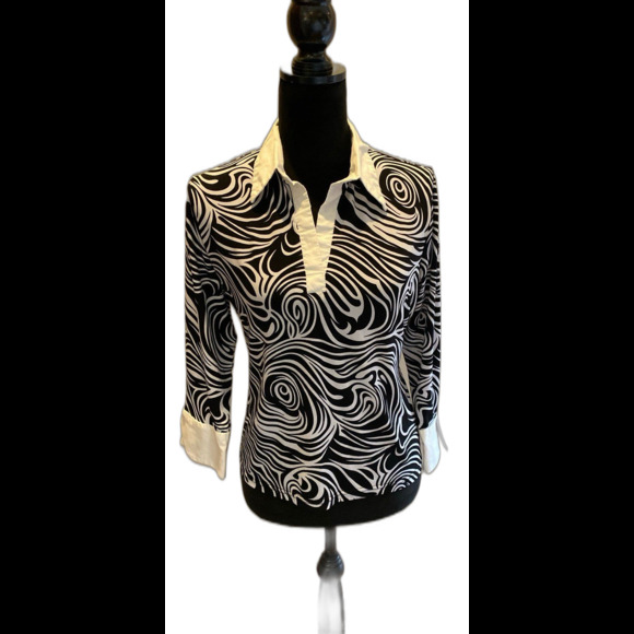 Worthington Blouse Sz Large Abstract Black & White Print Collared Top + Stretch - Picture 2 of 11